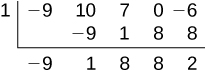 A synthetic division problem is shown, with the divisor 1. The dividend's coefficients are -9, 10, 7, 0, -6. The result of the division is a quotient with coefficients -9, 1, 8, 8 and a remainder of 2.
