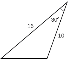 A triangle. One angle is 30 degrees with opposite side unknown. The other two sides are 16 and 10.