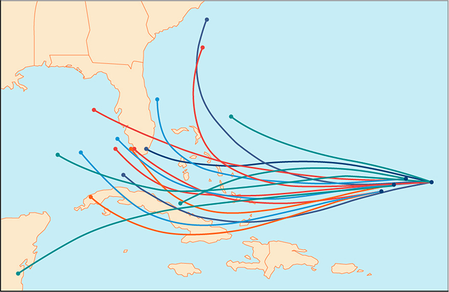 Spaghetti map of the possible paths for a hurricane over the Southeastern United States