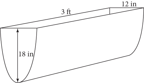 Diagram of a parabolic trough that is 18” in height, 3’ in length, and 12” in width.