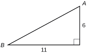 A right triangle with side lengths of 11 and 6. Corners A and B are also labeled. The angle A is opposite the side labeled 11. The angle B is opposite the side labeled 6.