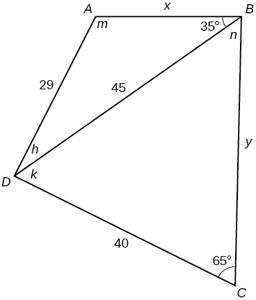 A quadrilateral with vertices A, B, C, and D. There is a diagonal from vertex B to vertex D of length 45. Side A B is x, side B C is y, side C D is 40, and side D A is 29. Angle A is m degrees, angle C is 65 degrees, angle A B D is 35 degrees, angle D B C is n degrees, angle B D C is k degrees, and angle A D B is h degrees.